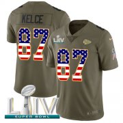 Wholesale Cheap Nike Chiefs #87 Travis Kelce Olive/USA Flag Super Bowl LIV 2020 Men's Stitched NFL Limited 2017 Salute To Service Jersey