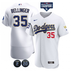 Wholesale Cheap Men\'s Los Angeles Dodgers #35 Cody Bellinger White Gold Championship Flex Base Sttiched MLB Jersey