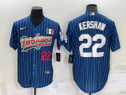 Wholesale Cheap Men's Los Angeles Dodgers #22 Clayton Kershaw Number Rainbow Blue Red Pinstripe Mexico Cool Base Nike Jersey