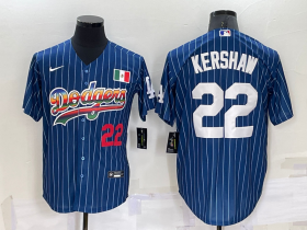 Wholesale Cheap Men\'s Los Angeles Dodgers #22 Clayton Kershaw Number Rainbow Blue Red Pinstripe Mexico Cool Base Nike Jersey