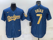 Wholesale Men's Los Angeles Dodgers #7 Julio Urias Navy Blue Gold Pinstripe Stitched MLB Cool Base Nike Jersey
