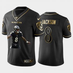 Wholesale Cheap Nike Baltimore Ravens #8 Lamar Jackson Black Gold Player Name Logo 100th Season Vapor Untouchable Limited Jersey