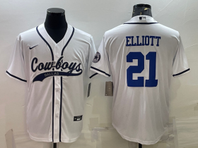 Wholesale Cheap Men\'s Dallas Cowboys #21 Ezekiel Elliott White With Patch Cool Base Stitched Baseball Jersey