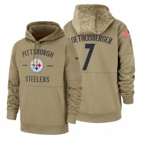 Wholesale Cheap Pittsburgh Steelers #7 Ben Roethlisberger Nike Tan 2019 Salute To Service Name & Number Sideline Therma Pullover Hoodie