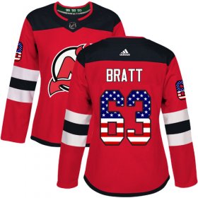 Wholesale Cheap Adidas Devils #63 Jesper Bratt Red Home Authentic USA Flag Women\'s Stitched NHL Jersey
