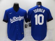 Wholesale Cheap Men's Los Angeles Dodgers #10 Justin Turner Blue 2021 City Connect Cool Base Stitched Jersey
