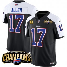Cheap Men\'s Buffalo Bills #17 Josh Allen Black White 2023 F.U.S.E. AFC East Champions With 4-star C Ptach Football Stitched Jersey