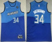 Wholesale Cheap Men's Milwaukee Bucks #34 Giannis AntetokounmpoBlue 2021 Nike City Edition Swingman Jersey With NEW Sponsor Logo