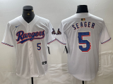 Cheap Men's Texas Rangers #5 Corey Seager Number White 2024 Gold Collection Limited Cool Base Jersey