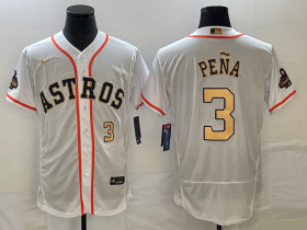 Wholesale Cheap Men\'s Houston Astros #3 Jeremy Pena Number 2023 White Gold World Serise Champions Patch Flex Base Stitched Jersey1