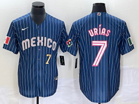 Wholesale Cheap Men\'s Mexico Baseball #7 Julio Urias Number Navy Blue Pinstripe 2020 World Series Cool Base Nike Jersey 1