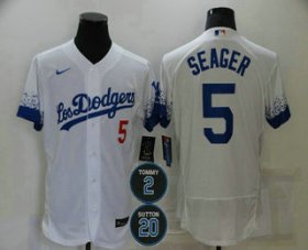 Wholesale Cheap Men\'s Los Angeles Dodgers #5 Corey Seager White #2 #20 Patch City Connect Flex Base Stitched Jersey