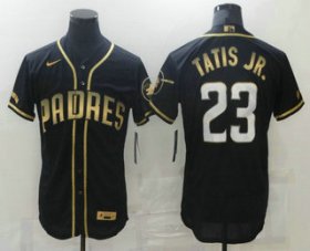 Wholesale Cheap Men\'s San Diego Padres #23 Fernando Tatis Jr Black 2021 Golden Edition Stitched Flex Base Nike Jersey