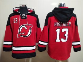 Wholesale Cheap Men\'s New Jersey Devils #13 Nico Hischier Red Ageless Must-Have Lace-Up Pullover Hoodie