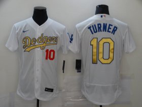 Wholesale Cheap Men\'s Los Angeles Dodgers #10 Justin Turner White Gold Sttiched Nike MLB Flex Base Jersey