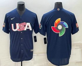 Cheap Men\'s USA Baseball Blank 2023 Navy World Baseball Big Logo Classic Stitched Jerseys