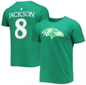 Wholesale Cheap Men\'s Baltimore Ravens #8 Lamar Jackson Green St. Patrick\'s Day Icon Player T-Shirt