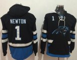 Wholesale Cheap Nike Panthers #1 Cam Newton Black/Blue Name & Number Pullover NFL Hoodie