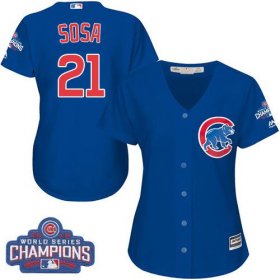 Wholesale Cheap Cubs #21 Sammy Sosa Blue Alternate 2016 World Series Champions Women\'s Stitched MLB Jersey