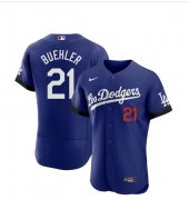 Wholesale Cheap Men's Los Angeles Dodgers #21 Walker Buehler Blue 2021 City Connect Flex Base Stitched Jersey