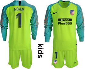 Wholesale Cheap Atletico Madrid #1 Adan Shiny Green Goalkeeper Long Sleeves Kid Soccer Club Jersey