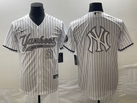 Cheap Men\'s New York Yankees Big Logo White Pinstripe Cool Base Stitched Baseball Jersey