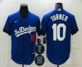 Wholesale Cheap Men\'s Los Angeles Dodgers #10 Justin Turner Blue #2 #20 Patch City Connect Number Cool Base Stitched Jersey