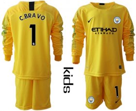 Wholesale Cheap Manchester City #1 C.Bravo Yellow Goalkeeper Long Sleeves Kid Soccer Club Jersey