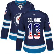 Wholesale Cheap Adidas Jets #13 Teemu Selanne Navy Blue Home Authentic USA Flag Women's Stitched NHL Jersey