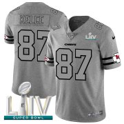 Wholesale Cheap Kansas City Chiefs #87 Travis Kelce Men's Nike Gray Super Bowl LIV 2020 Gridiron II Vapor Untouchable Limited NFL Jersey