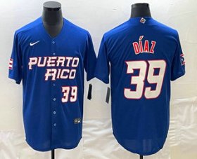 Cheap Mens Puerto Rico Baseball #39 Edwin Diaz Number 2023 Blue World Baseball Classic Stitched Jersey
