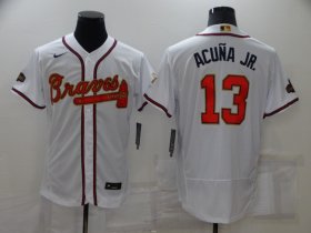 Wholesale Cheap Men\'s Atlanta Braves #13 Ronald Acuna Jr 2022 White Gold World Series Champions Program Flex Base Stitched Baseball Jersey