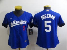 Wholesale Cheap Women\'s Los Angeles Dodgers #5 Freddie Freeman Blue 2022 City Connect Number Cool Base Stitched Jersey