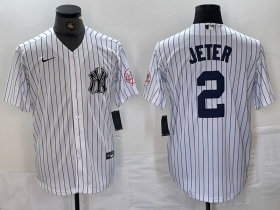 Cheap Men\'s New York Yankees #2 Derek Jeter Name White With Patch 2024 Cool Base Stitched Jersey