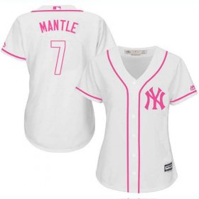 Wholesale Cheap Yankees #7 Mickey Mantle White/Pink Fashion Women\'s Stitched MLB Jersey