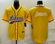 Cheap Men's Los Angeles Lakers Yellow Big Logo Cool Base Stitched Baseball Jersey