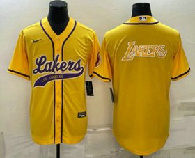 Cheap Men\'s Los Angeles Lakers Yellow Big Logo Cool Base Stitched Baseball Jersey