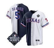 Men's Texas Rangers & Cowboys #5 Corey Seager Navy White 2023 World Series Splite Stitched Baseball Jersey