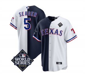 Men\'s Texas Rangers & Cowboys #5 Corey Seager Navy White 2023 World Series Splite Stitched Baseball Jersey