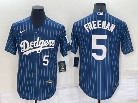 Wholesale Cheap Men\'s Los Angeles Dodgers #5 Freddie Freeman Number Navy Blue Pinstripe Stitched MLB Cool Base Nike Jersey
