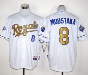 Wholesale Cheap Royals #8 Mike Moustakas White 2015 World Series Champions Gold Program Stitched MLB Jersey