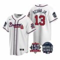 Wholesale Cheap Men Atlanta Braves 13 Ronald Acuna Jr 2021 White World Series With 150th Anniversary Patch Cool Base Stitched Jersey