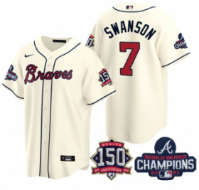 Wholesale Cheap Men\'s Cream Atlanta Braves #7 Dansby Swanson 2021 World Series Champions With 150th Anniversary Patch Cool Base Stitched Jersey