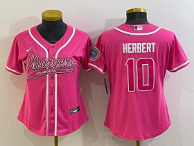 Wholesale Cheap Women\'s Los Angeles Chargers #10 Justin Herbert Pink With Patch Cool Base Stitched Baseball Jersey