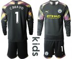 Wholesale Cheap Manchester City #1 C.Bravo Black Goalkeeper Long Sleeves Kid Soccer Club Jersey