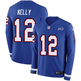 Wholesale Cheap Nike Bills #12 Jim Kelly Royal Blue Team Color Men\'s Stitched NFL Limited Therma Long Sleeve Jersey