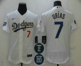 Wholesale Cheap Men\'s Los Angeles Dodgers #7 Julio Urias White Gold #2 #20 Patch Stitched MLB Flex Base Nike Jersey