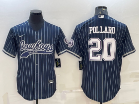Wholesale Cheap Men\'s Dallas Cowboys #20 Tony Pollard Navy Blue Pinstripe With Patch Cool Base Stitched Baseball Jersey