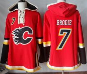 Wholesale Cheap Flames #7 TJ Brodie Red Sawyer Hooded Sweatshirt Stitched NHL Jersey
