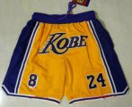 Wholesale Cheap Men's Los Angeles Lakers #8 #24 Kobe Bryant Yellow With Purple Number Just Don Swingman Throwback Shorts